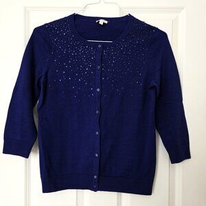 Talbots Blue 3/4 Sleeve Beaded Sequined Cotton Cardigan